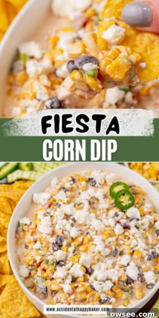 A top-down view of a vibrant Fiesta Corn Dip in a white bowl, garnished with fresh herbs and a side of crispy chips. Perfect for parties and gatherings.