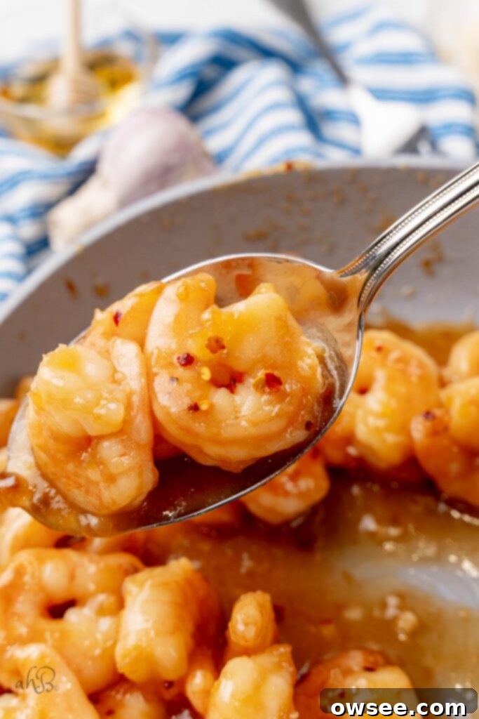 Honey Garlic Glazed Shrimp 4 A close up image of 3 honey garlic shrimp in a serving spoon.