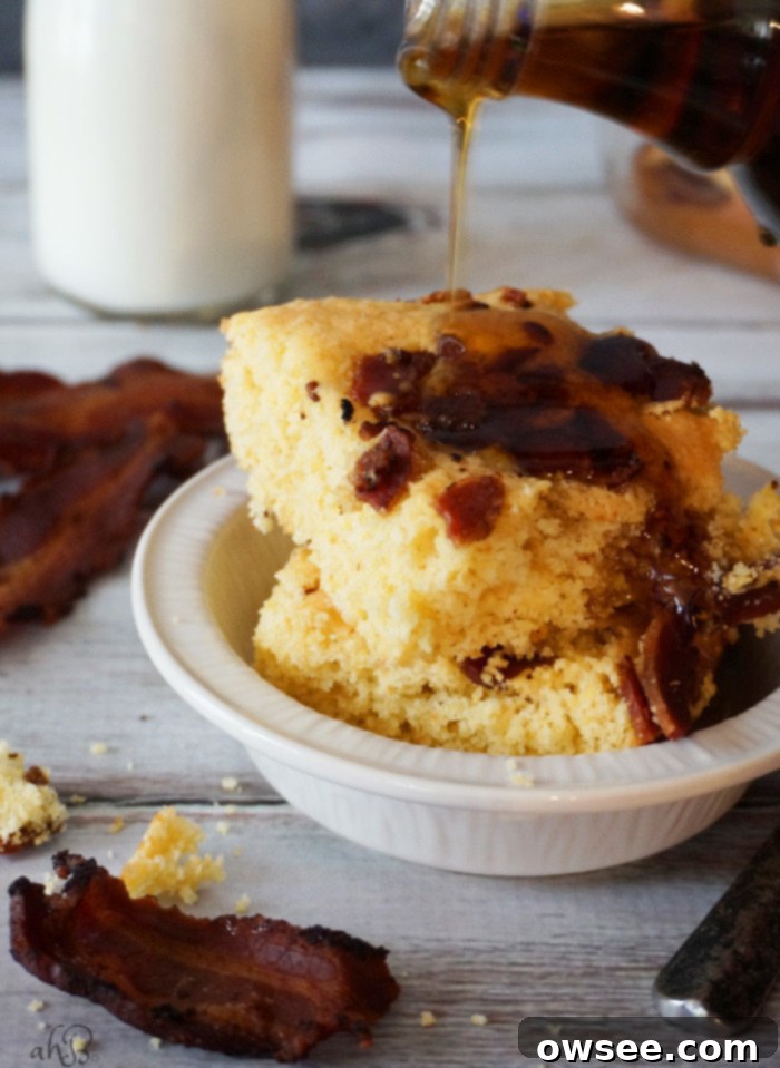 Sweet and Savory Maple Bacon Cornbread 2 Sweet and savory maple bacon cornbread, a simple twist on cornbread mix that takes 25 minutes.