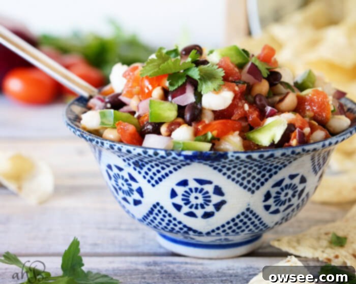 Close-up of vibrant Southwest Caviar in a white bowl, ready to serve