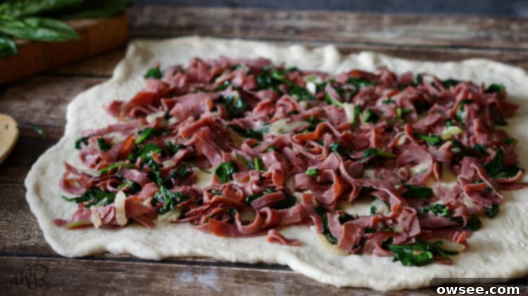 The process of preparing Savory Roast Beef and Gouda Rolls, showing dough and ingredients