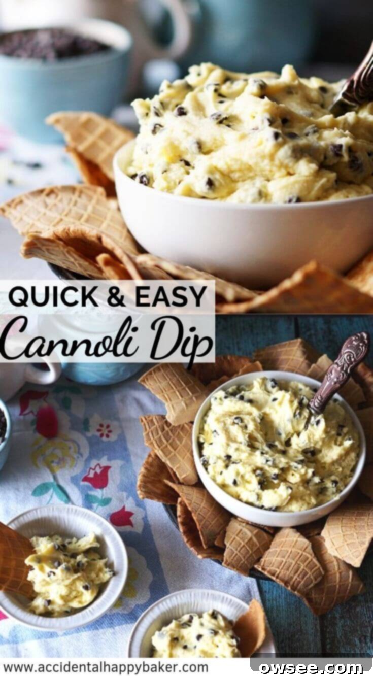 This cannoli dip couldn't be any easier! Just a few minutes to whip up, this creamy sweet ricotta dip tastes just like a classic cannoli but with a fraction of the work. #cannoli #cannolidip #dessertdip #accidentalhappybaker