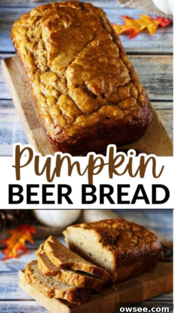 Spiced Pumpkin Beer Bread 6 Two slices of pumpkin beer bread on a wooden board, garnished with cinnamon sticks.