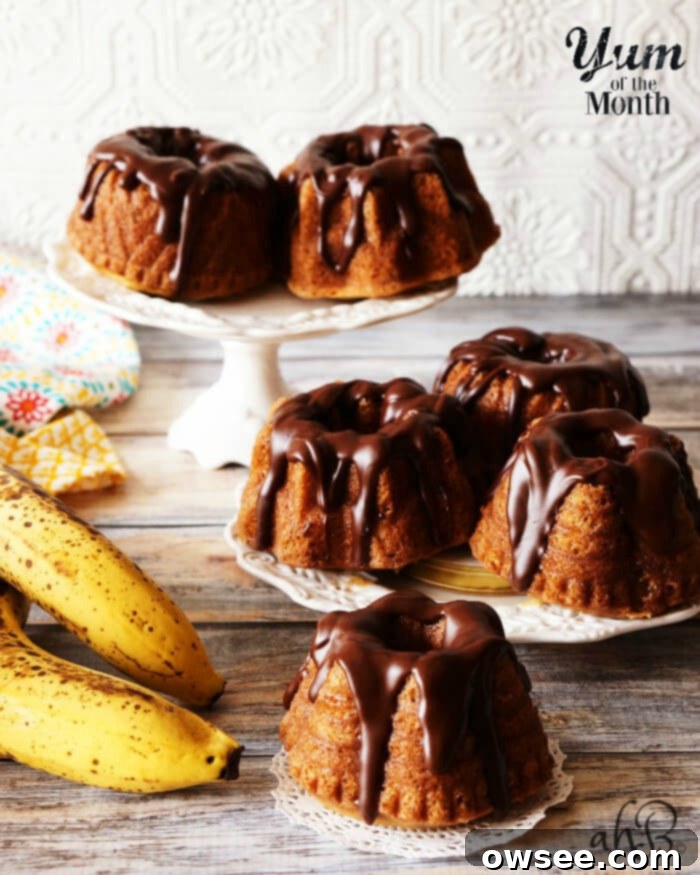 Mini Banana Bundt Delights 2 Mini Banana Bundt Cakes - a close-up shot of a single cake drizzled with ganache