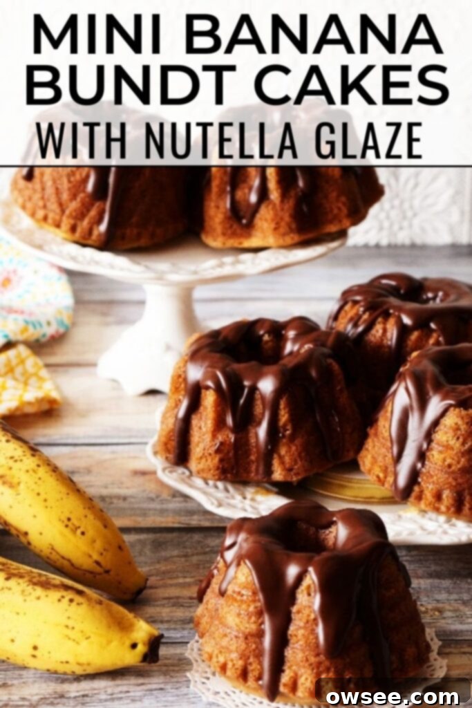 Mini Banana Bundt Delights 7 Pinterest pin graphic for Mini Banana Bundt Cakes with Chocolate Nutella Ganache