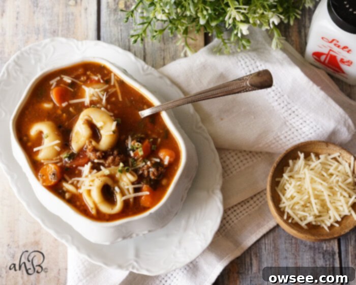 A delicious bowl of Tortellini Soup with Italian sausage and vegetables.