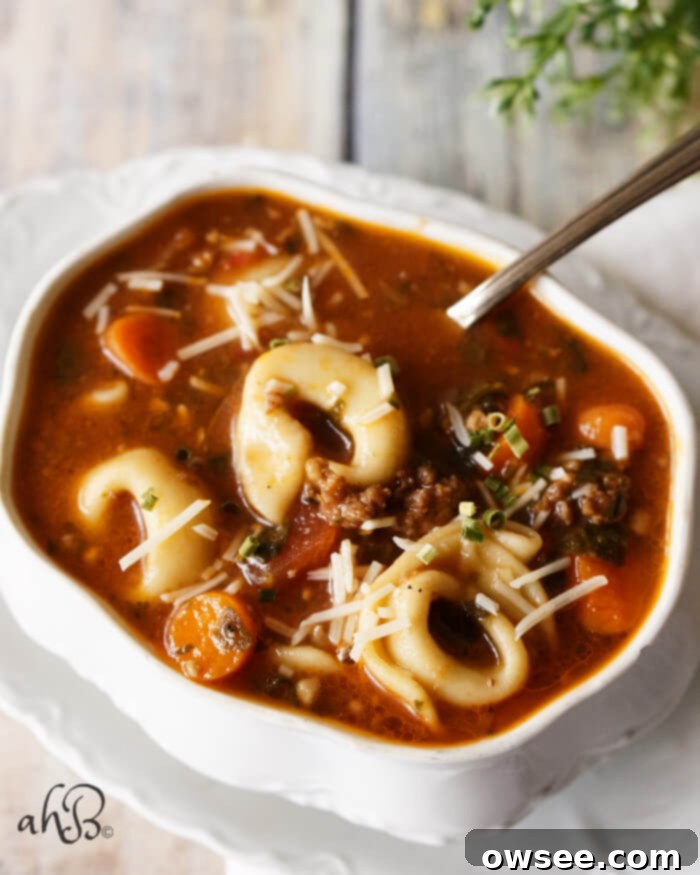 Close-up of a serving of Italian Sausage Tortellini Soup in a bowl.