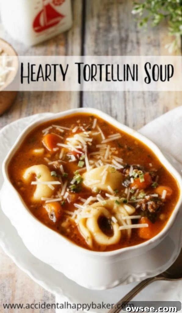 A bowl of hearty tortellini soup topped with fresh parsley and Parmesan cheese.