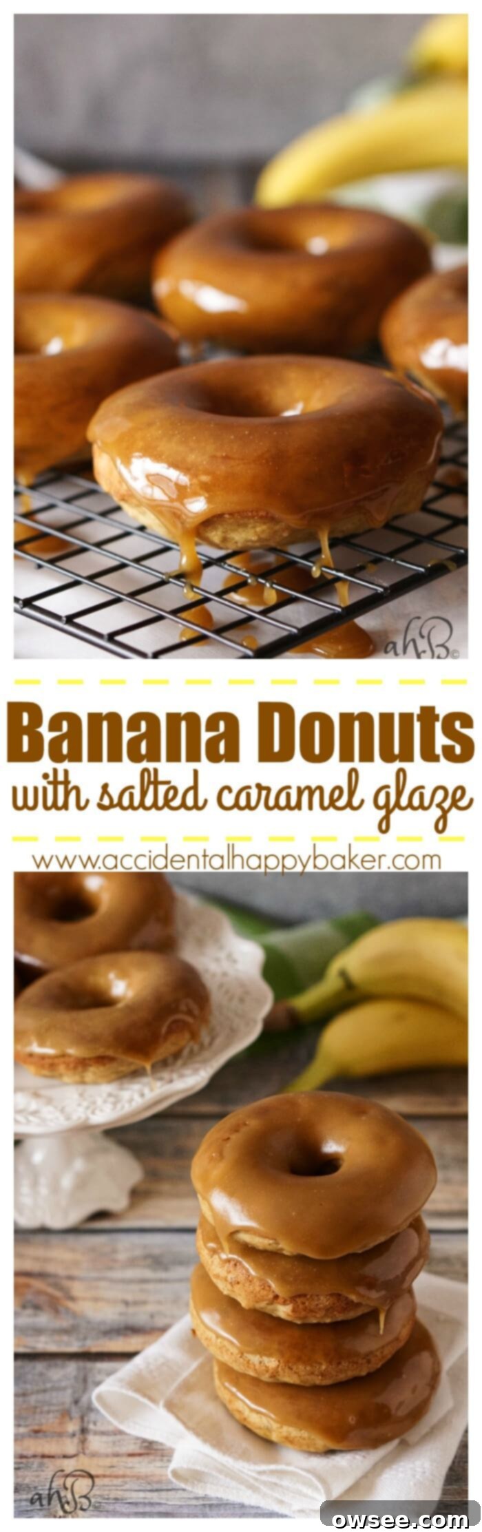 Salted Caramel Banana Bliss 2 Moist banana bread-like donut dipped in a gorgeous buttery dark caramel glaze that sets up so pretty, with a pinch of salt to even out the sweetness. Recipe on www.accidentalhappybaker.com @AHBamy