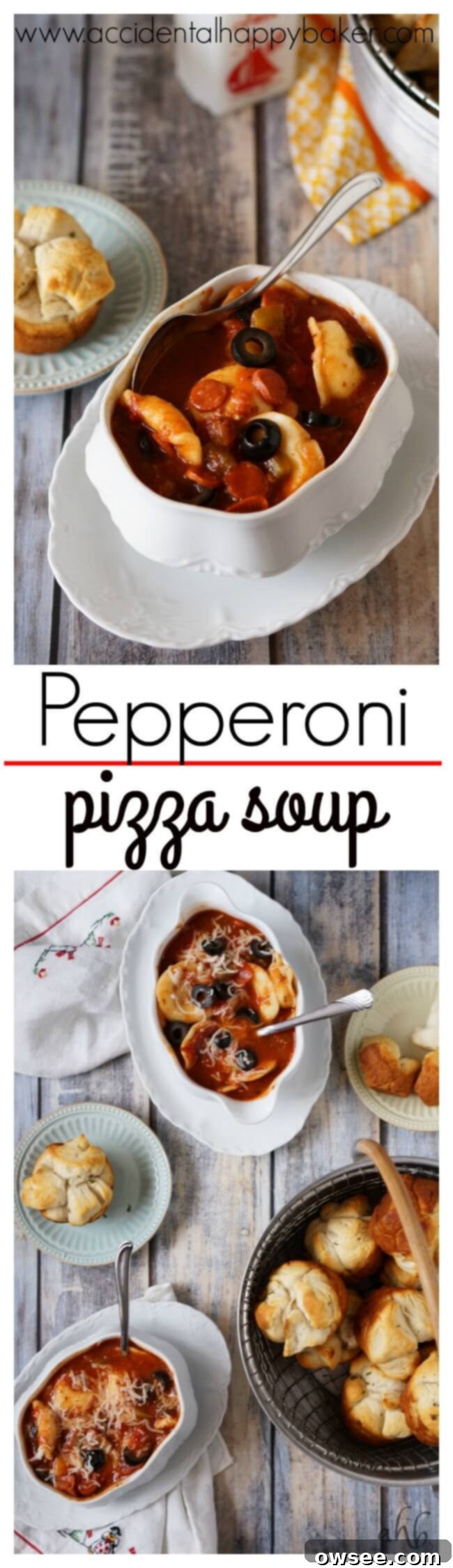 Hearty Pepperoni Pizza Soup 2 Your favorite pizza flavors and toppings are all together in this hearty and cheesy pepperoni pizza soup! Recipe on www.accidentalhappybaker.com @AHBamy