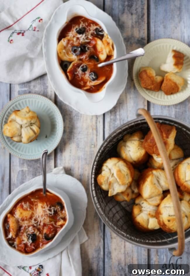 Effortless Garlic Sharing Rolls 6 A large, comforting bowl of Pepperoni Pizza Soup, a perfect companion for easy pull apart garlic rolls.