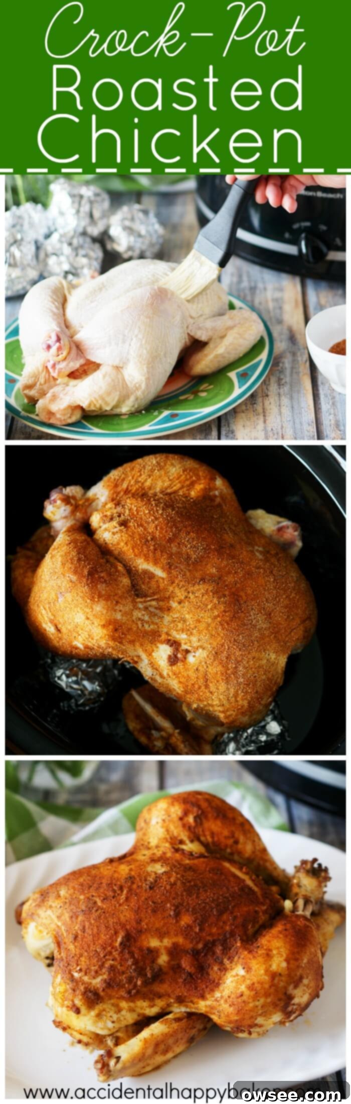 Fork-Tender Slow Cooker Roast Chicken 2 This crockpot roasted chicken recipe is one you’ll come back to time after time. Homestyle chicken is so easy to prepare and so versatile. Recipe on www.accidentalhappybaker.com @AHBamy