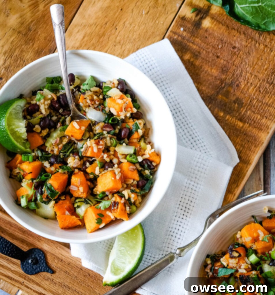 Sweet Potato Bowls with Sweet Chili 3 Close-up of a Sweet Potato Sweet Chili Bowl, showcasing diced sweet potatoes, bok choy, and black beans.