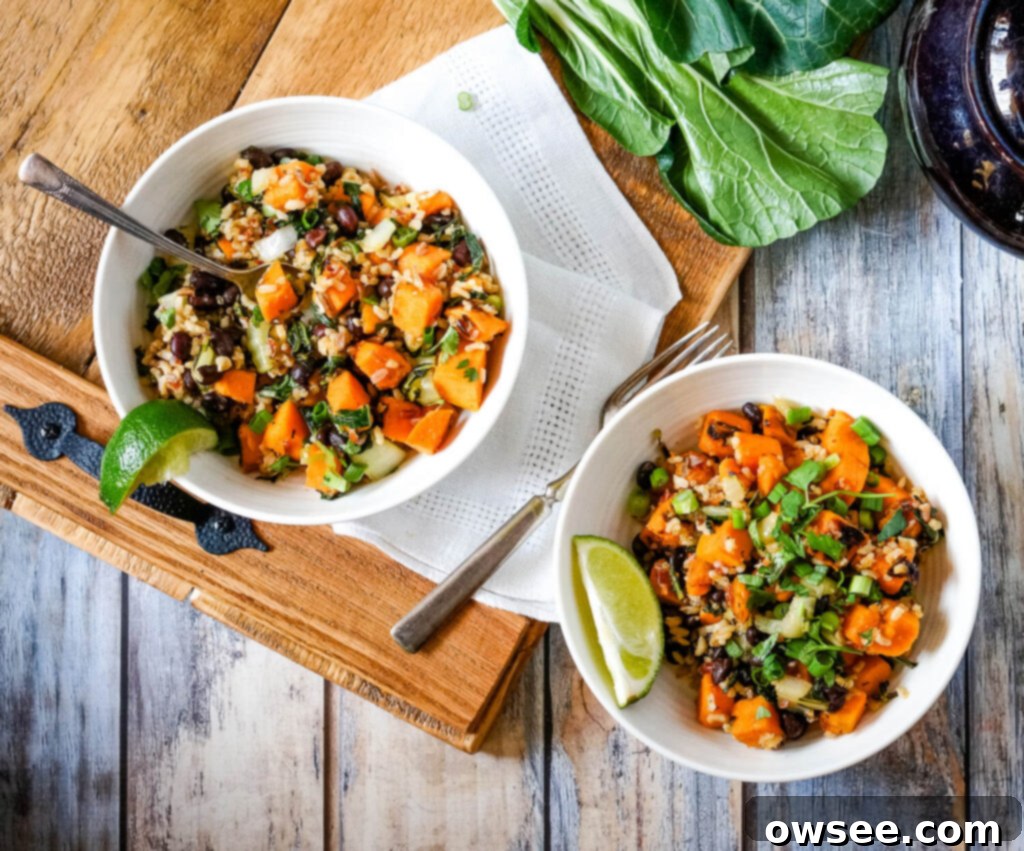 Sweet Potato Bowls with Sweet Chili 4 Ingredients for Sweet Potato Sweet Chili Bowls laid out, including peeled and diced sweet potatoes, bok choy, black beans, and sweet chili sauce.