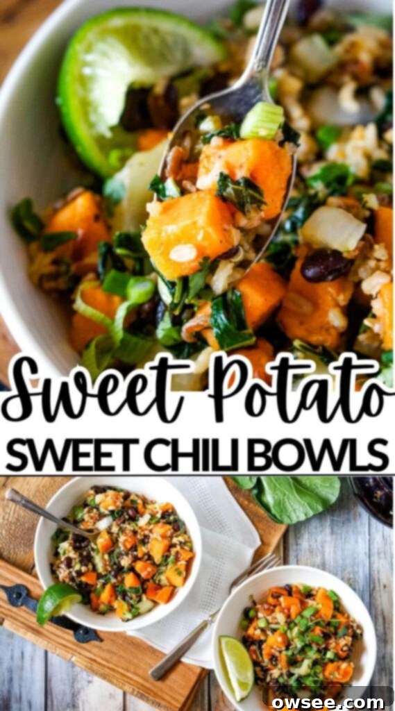 Sweet Potato Bowls with Sweet Chili 6 An overhead shot of two Sweet Potato Sweet Chili Bowls ready to be served, garnished with fresh herbs.