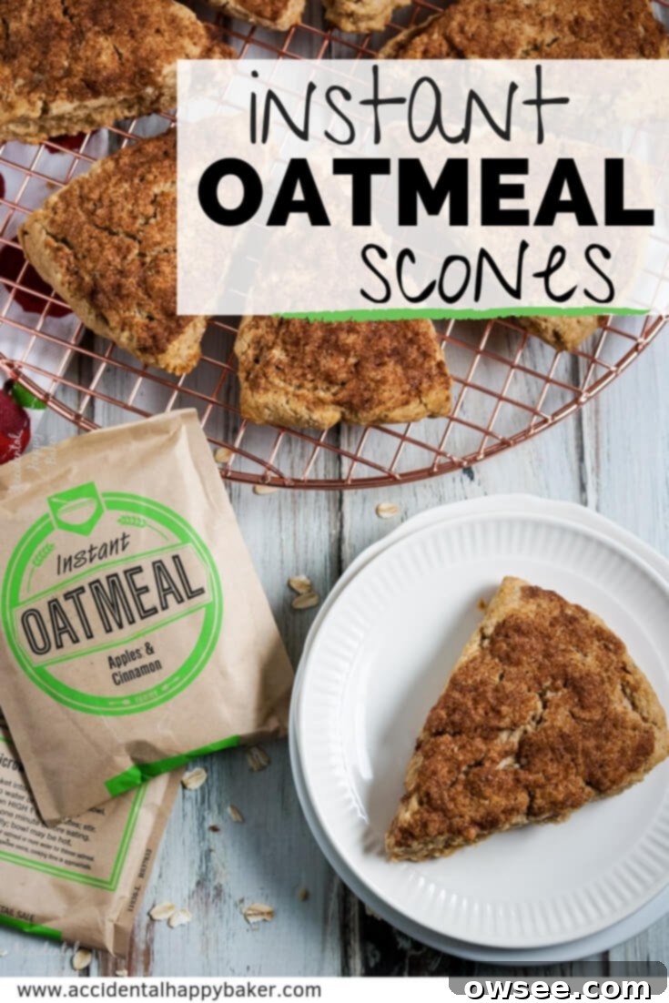 Effortless Oatmeal Scones 9 A vibrant Pinterest graphic for Instant Oatmeal Scones, featuring the finished product and text: 'Instant Oatmeal Scones: Sweet & Tender Baking Hack'.