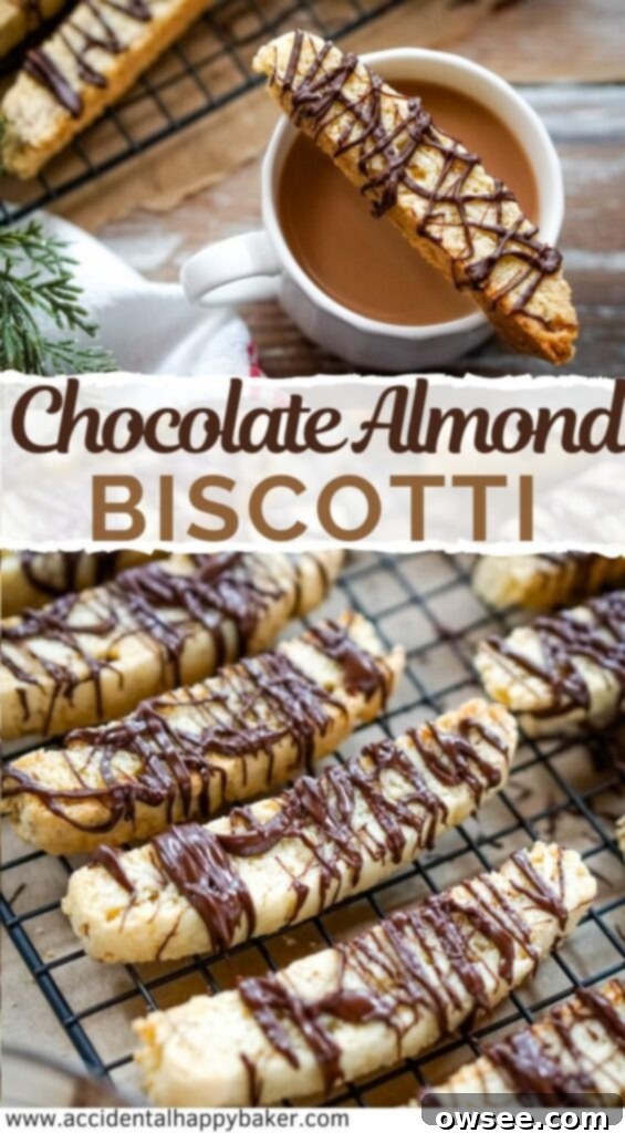 Irresistible Chocolate Almond Biscotti 5 A stunning overhead view of Chocolate Almond Biscotti, showcasing their golden-brown hue, crispy texture, sliced almonds, and decorative chocolate drizzle.