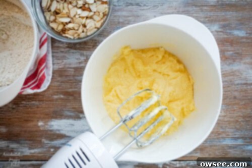 Butter, sugar, eggs, and almond extract are beat together in a mixing bowl for biscotti dough.