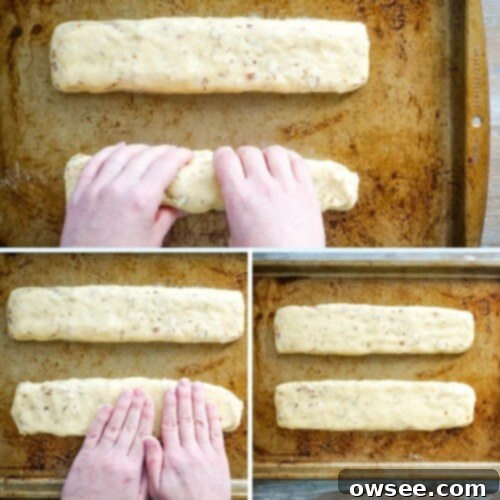 A collage showing how to efficiently shape chocolate almond biscotti dough into two rectangular logs on a baking sheet.