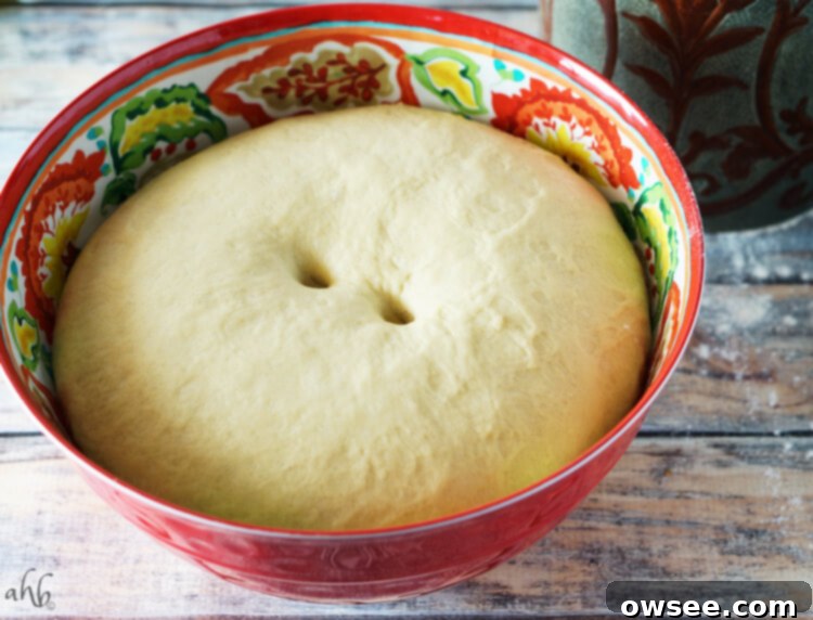 Fluffy Homemade Hawaiian Rolls 6 Proofing Hawaiian roll dough showing the poke test result.