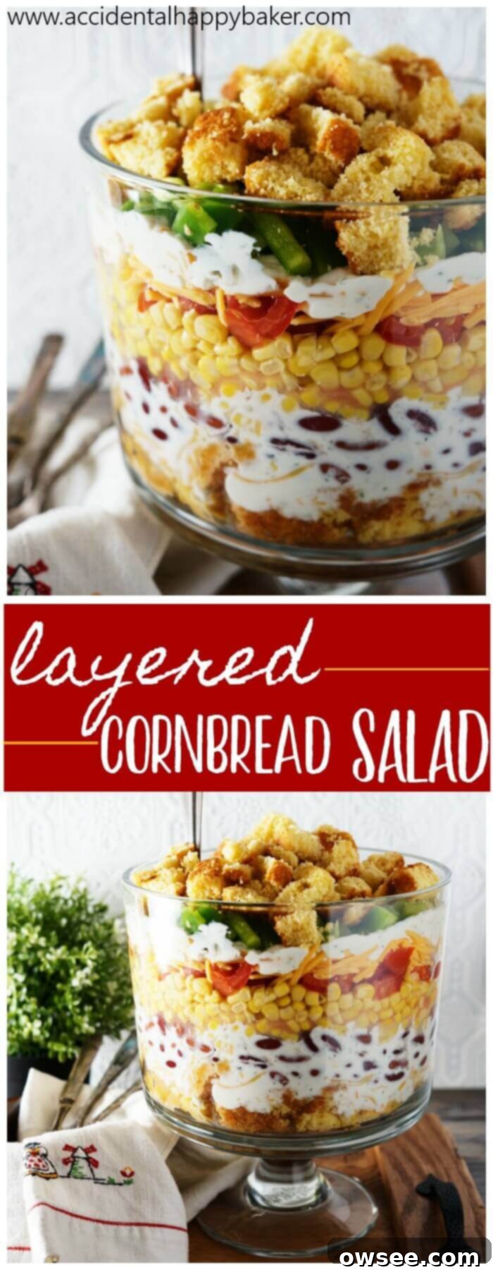 Southern Cornbread Layered Delight 2 Fresh veggies are layered high with cornbread, cheese and ranch dressing. It’s crunchy, creamy, savory, and with the cornbread, just a hint of sweet as well for a combination that can’t be beat.
