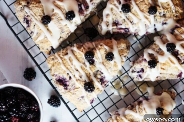 Luscious Blackberry Cream Cheese Scones 7 Tender and flaky scones are studded with sweet tart blackberries and topped with a rich cream cheese glaze for a winning combination.