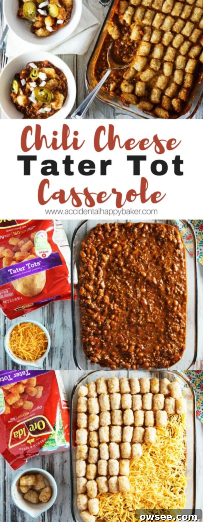 Chili Cheese Tater Tot casserole is an easy make ahead weeknight meal. A hearty beef and bean chili base is topped with gooey melted cheddar cheese and finished with crispy tater tots. 