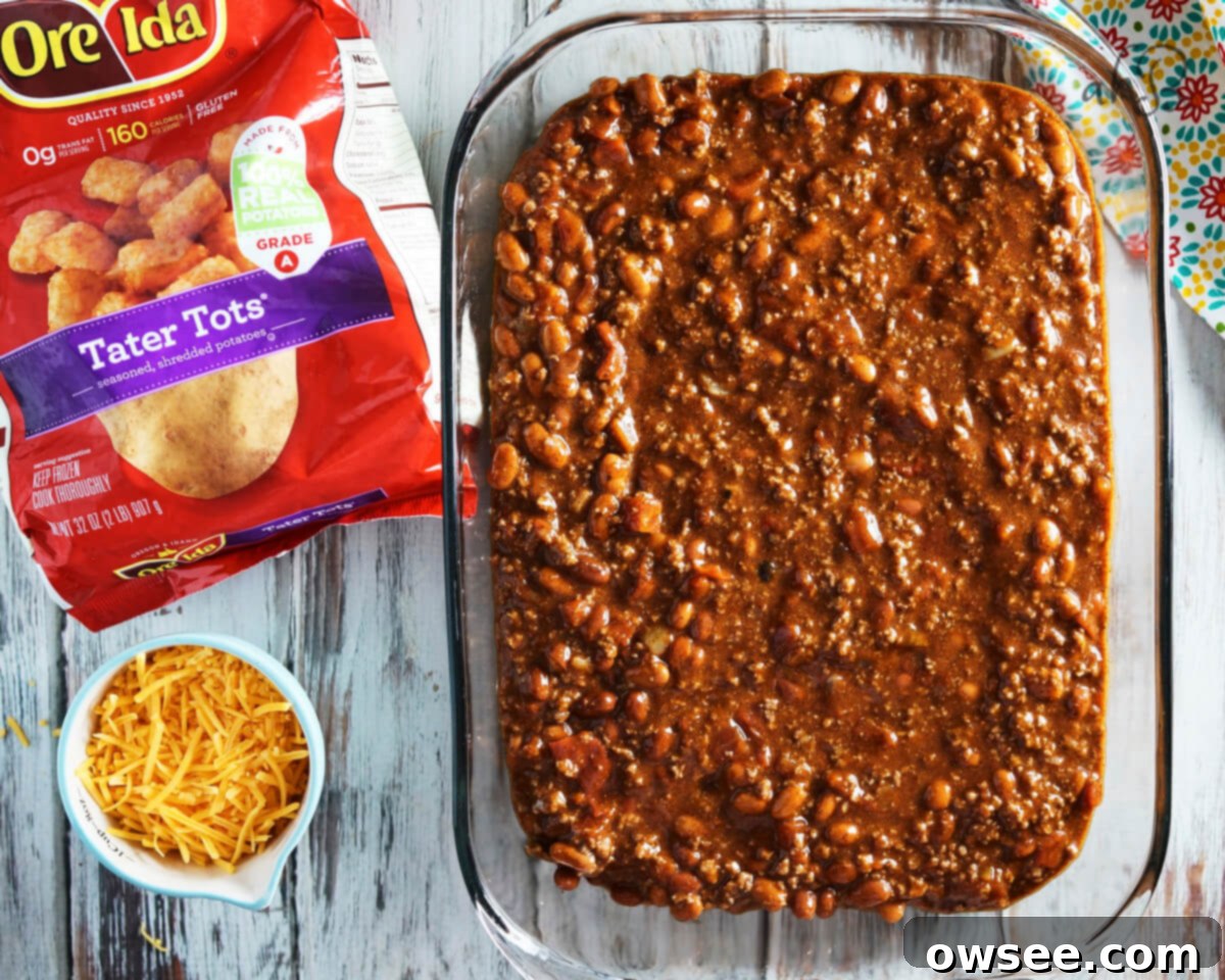 The bottom layer of the casserole is a chili base. 