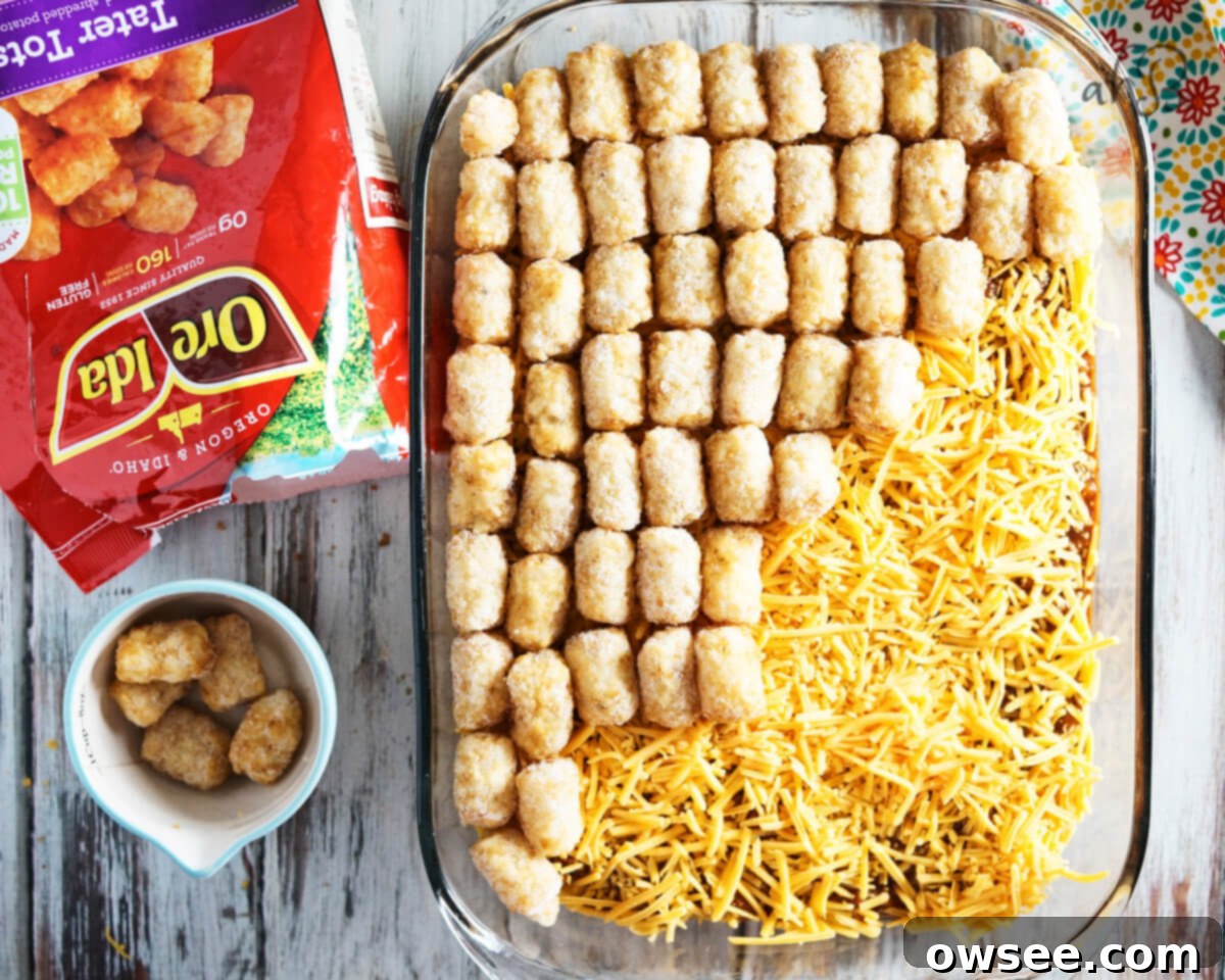 A layer of tater tots goes on top. 