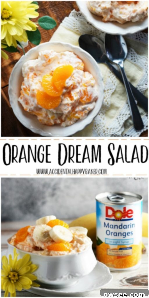 Orange Creamsicle Salad 2 Light, creamy and sweet Orange Dream Salad, a delightful dessert salad with a perfect blend of oranges and vanilla, featuring delicious Dole Mandarin oranges and fresh bananas.