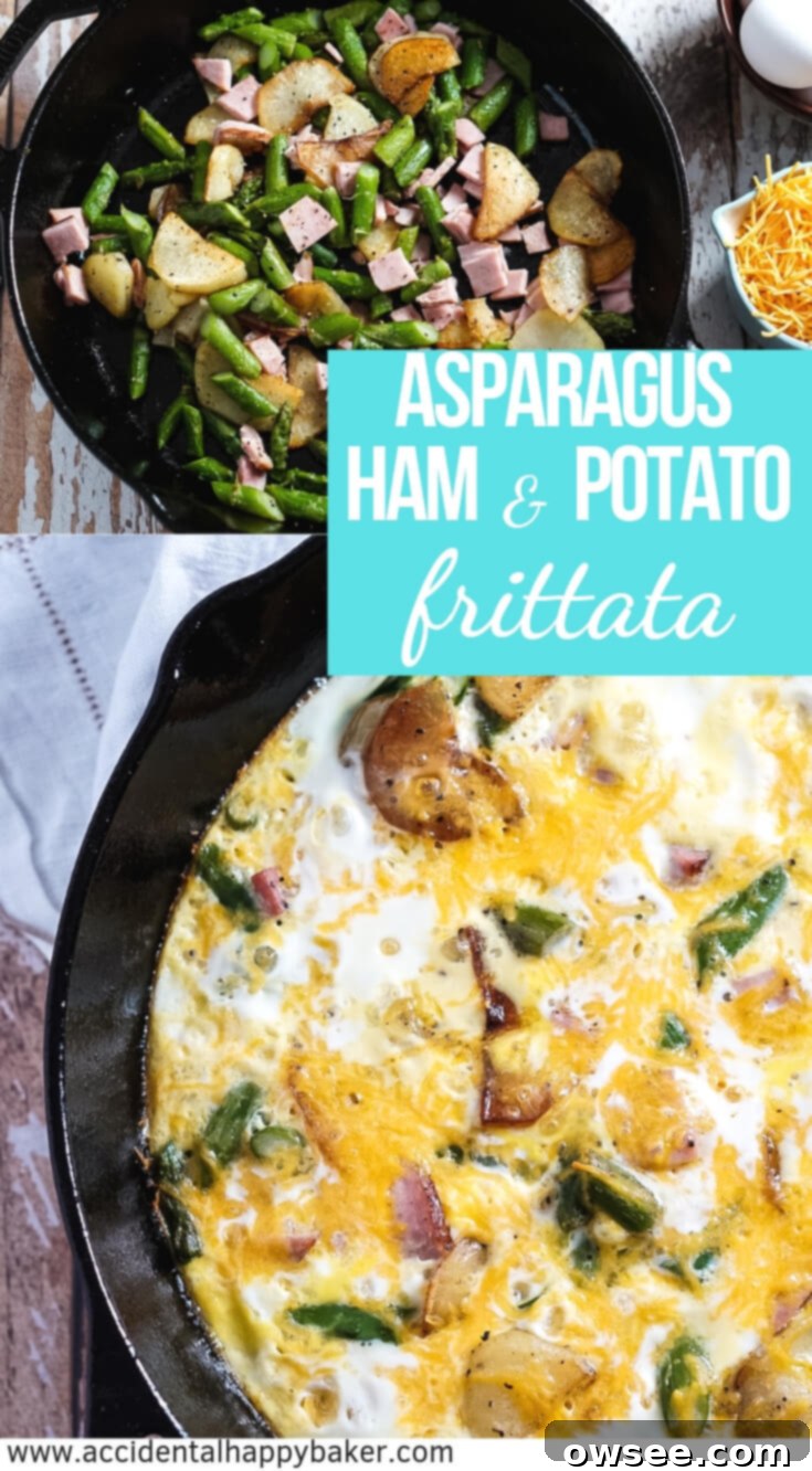 A Pinterest-friendly image featuring the creamy ham, asparagus, and potato frittata, highlighting it as a hearty and quick dish for breakfast, brunch, or dinner.