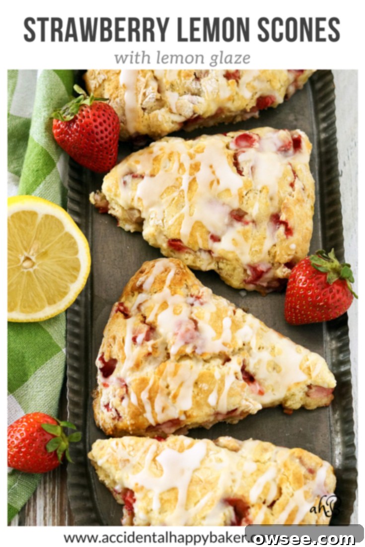 Pinterest graphic: 'Strawberry Lemon Scones' with images of scones.