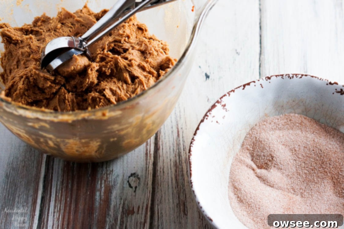 A bowl of rich pumpkin gingersnap cookie dough awaits baking, with a separate bowl of cinnamon and sugar ready for rolling, setting the stage for a delightful baking session.