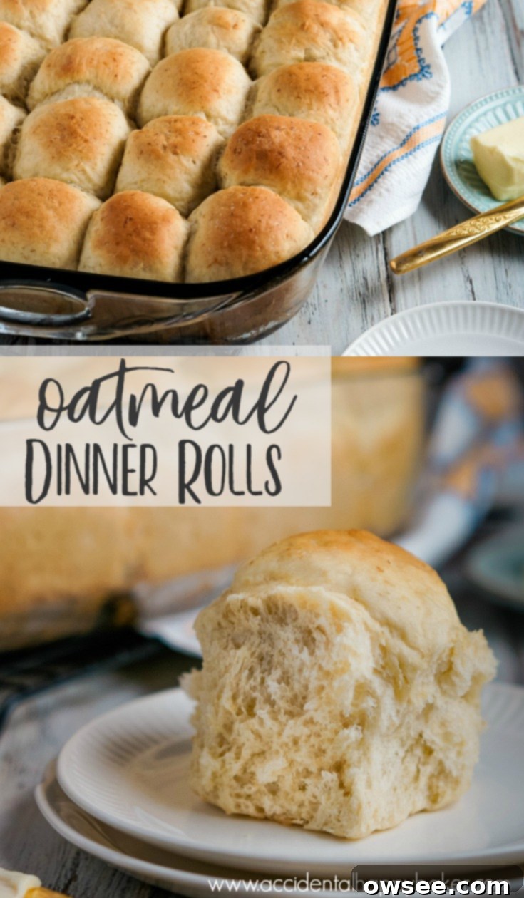 A Pinterest-friendly collage image showcasing light, fluffy, and mildly sweet oatmeal dinner rolls, highlighting their perfection and ease of making.