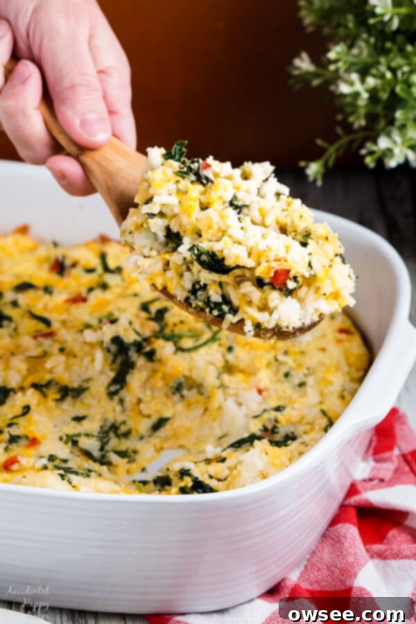 Spinach Rice Casserole with creamy cheese and fresh vegetables