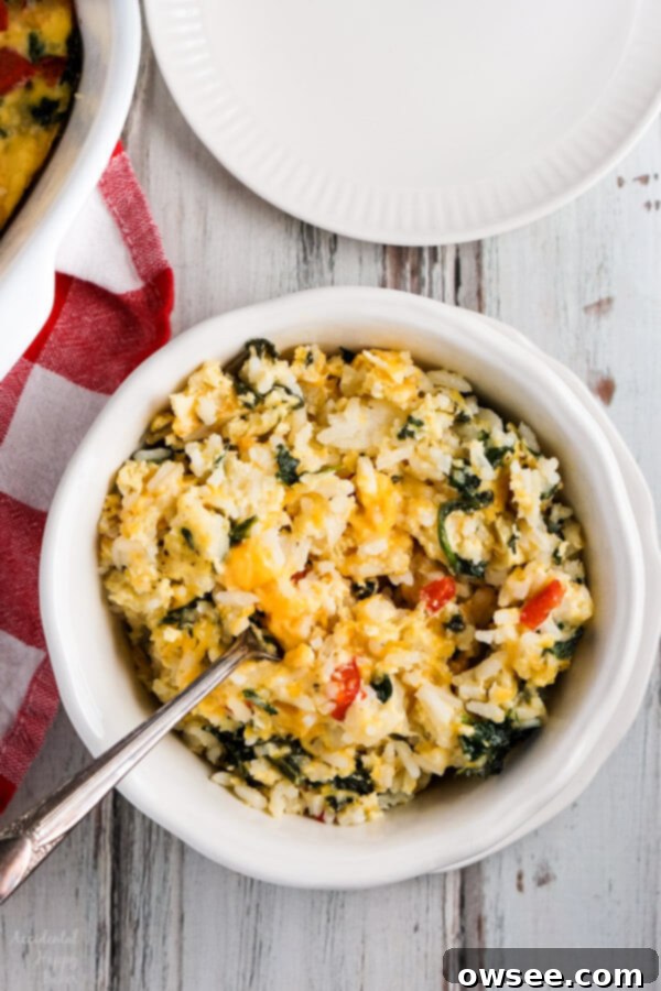 Close up of cheesy Spinach Rice Casserole, ready to be served
