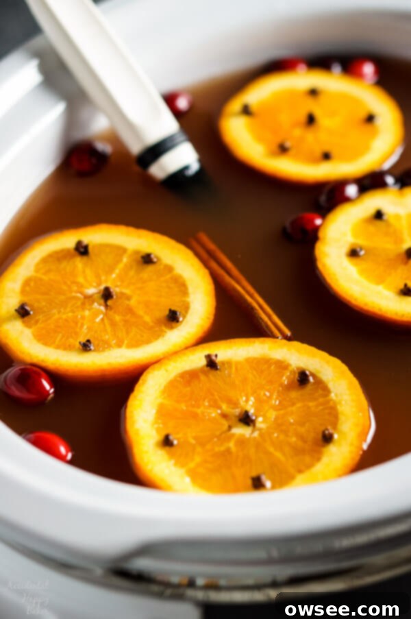 Ingredients for Old Fashioned Wassail laid out on a wooden table, including juices, oranges, cloves, and cinnamon sticks.