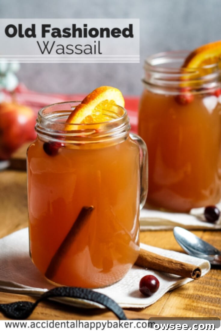 Large pitcher of Old Fashioned Wassail with citrus and spices, next to a festive mug.