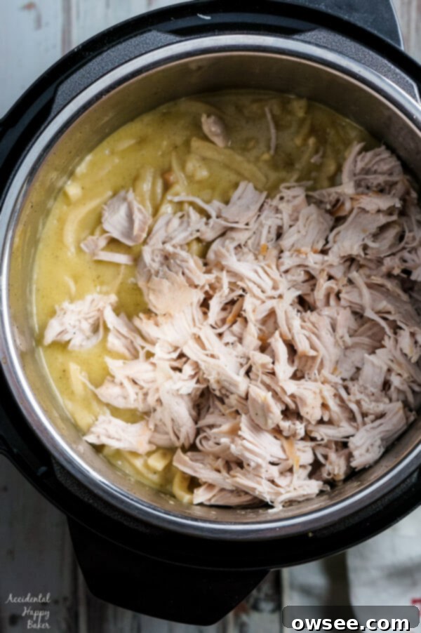 Easy Instant Pot Turkey and Noodles 4 Instant Pot filled with turkey cutlets, cream of chicken soup, and noodles before cooking.