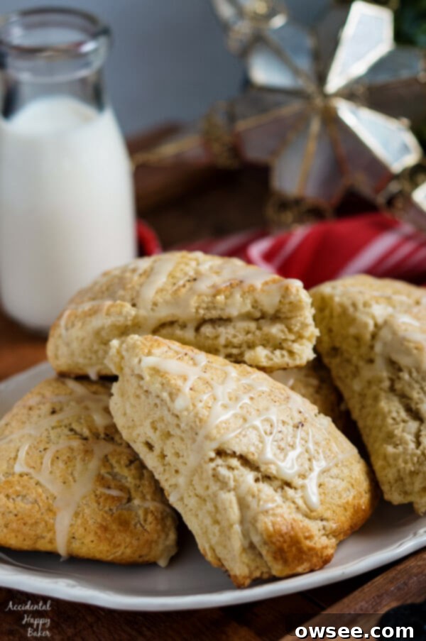 Freshly baked Eggnog Scones arranged on a serving plate