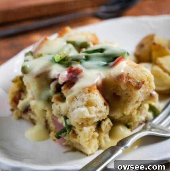 Savory Ham and Asparagus Strata 9 Layers of English muffins, ham, asparagus and cheese are drenched in eggs, Hollandaise mix and half and half for a hearty breakfast casserole that works great anytime of year. A perfect make-ahead dish for brunch or breakfast.