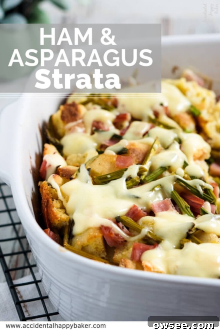 A top-down view of the golden-brown Ham and Asparagus Strata, garnished and ready for serving. An elegant and hearty breakfast casserole.