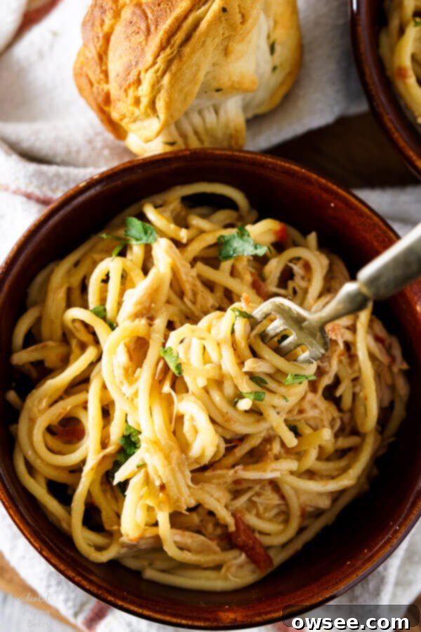 Crockpot Chicken Spaghetti served in a bowl, showing its creamy texture and rich color.