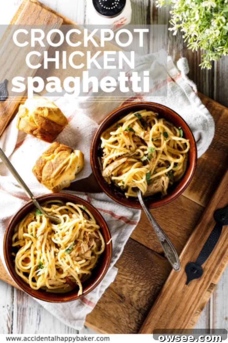 Full crockpot chicken spaghetti, a hearty and easy meal solution.