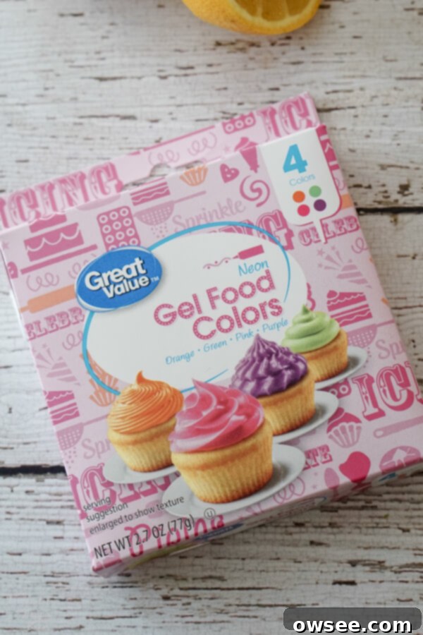 A box of food coloring recommended for making the rainbow filling.