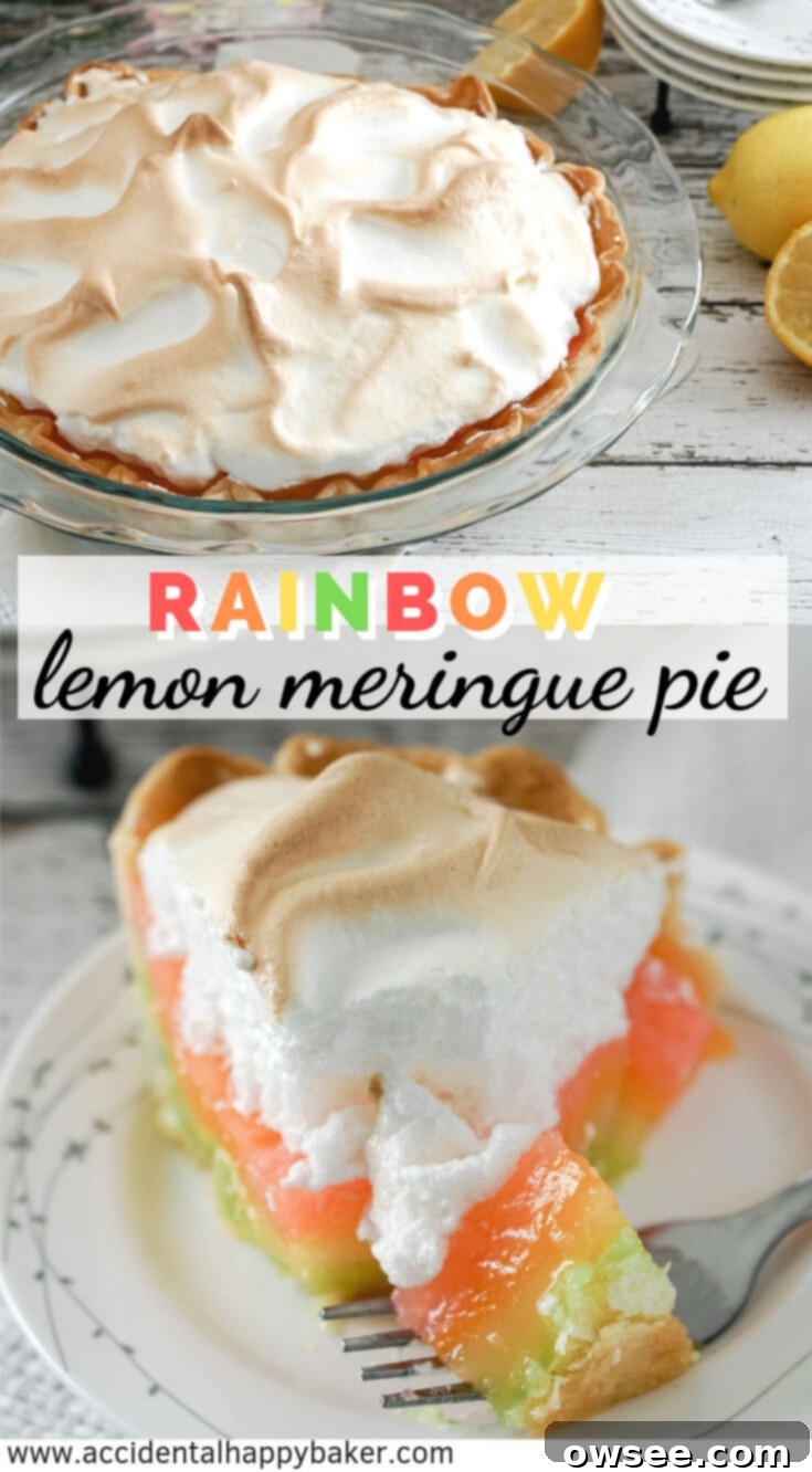 A whole Rainbow Lemon Meringue pie, vibrant and fruity, with a golden meringue peak.