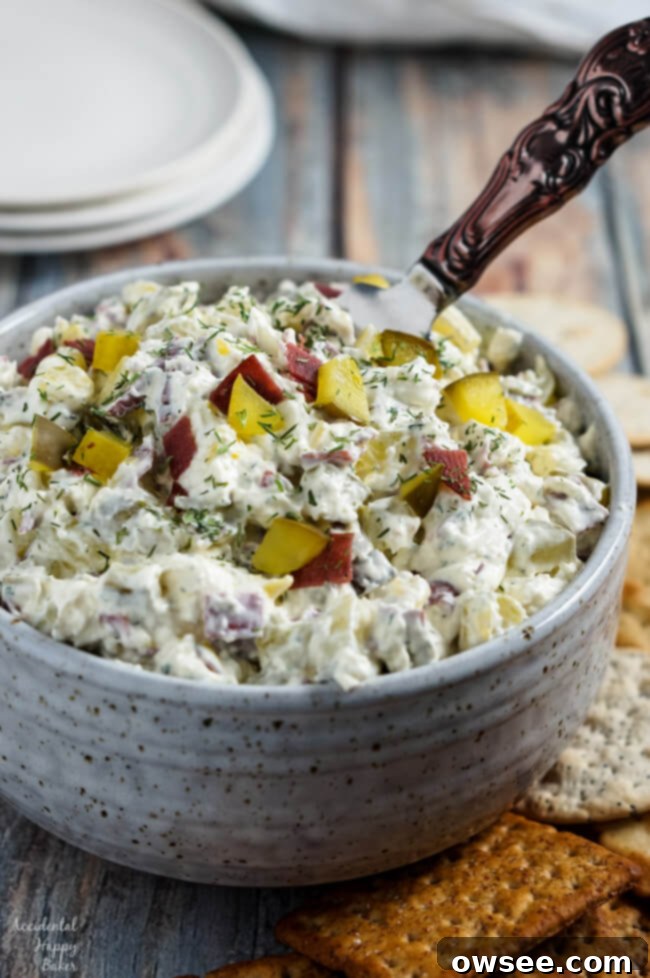 Creamy Pickle Thing Dip served with crackers, a perfect party appetizer.