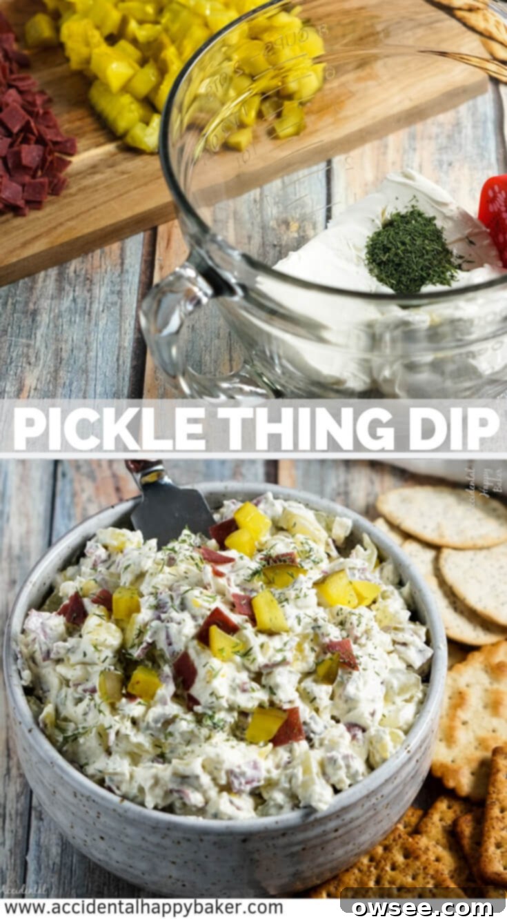 Pin for Pickle Thing Dip, showing the dip in a bowl with crackers, on a wooden board.