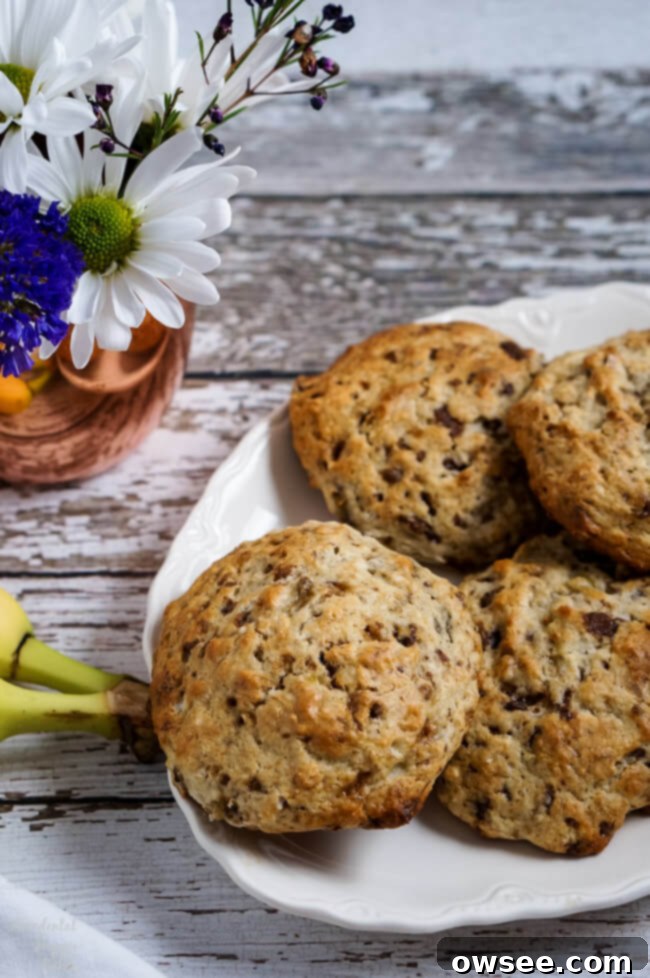 Delicious Banoffee Scones 2 A plate of freshly baked banoffee scones, golden brown and inviting.