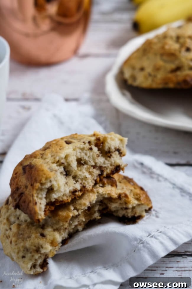 Delicious Banoffee Scones 5 A banoffee scone broken in half, revealing its moist interior with banana, toffee, and chocolate pieces.